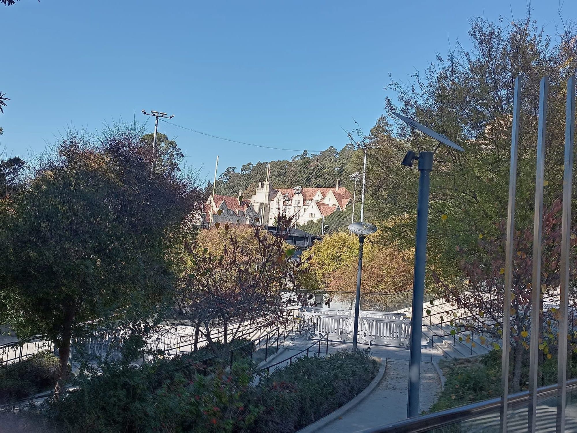 Wooded grounds and walkways below a hillside building, seen through glass